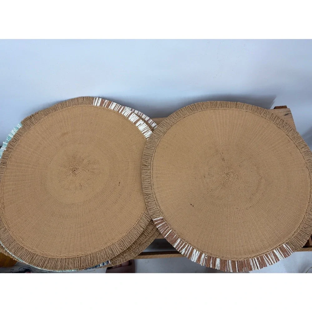 Set of 8 Round Woven Raffia Placemats Boho Fringed Edge Colorful Accents Tan